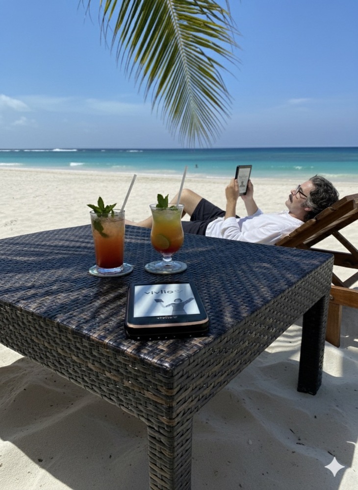liseuse et moustache sur la plage